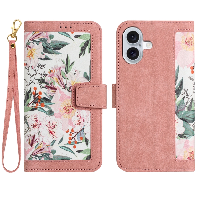 

For iPhone 16 Plus Floral Pattern Leather Phone Case with Lanyard(Pink)