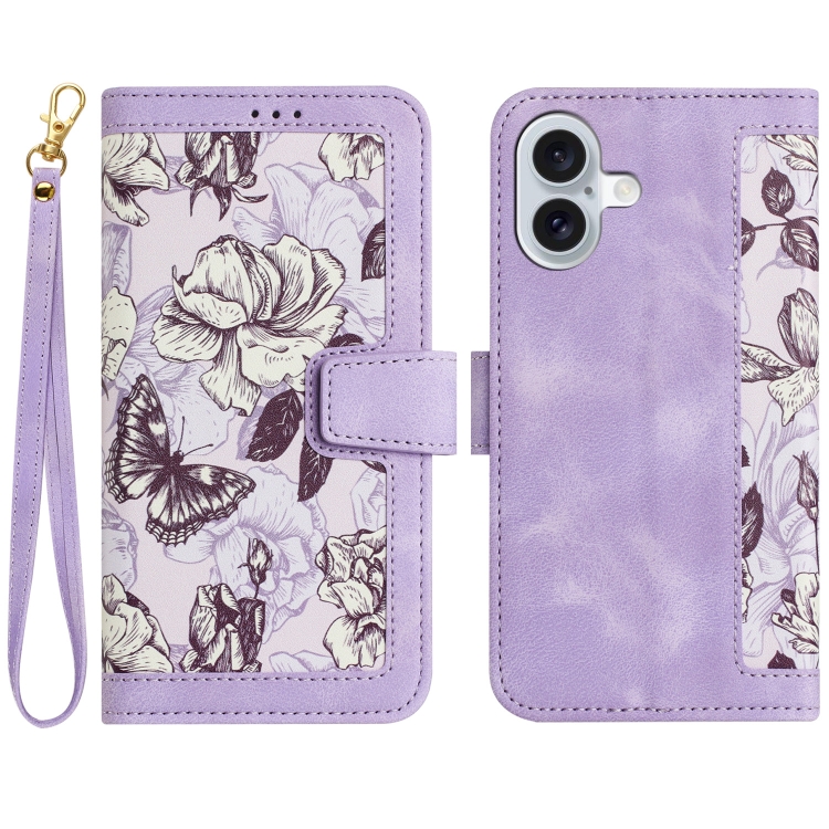 

For iPhone 16 Floral Pattern Leather Phone Case with Lanyard(Light Purple)
