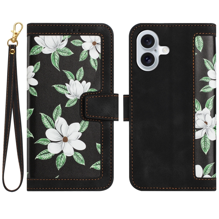 

For iPhone 16 Floral Pattern Leather Phone Case with Lanyard(Black)