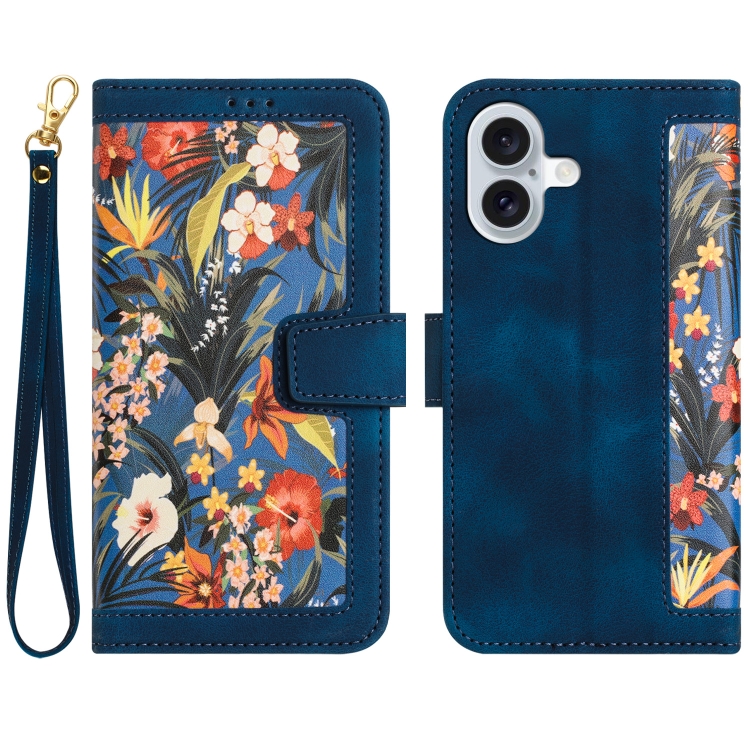 

For iPhone 16 Floral Pattern Leather Phone Case with Lanyard(Dark Blue)