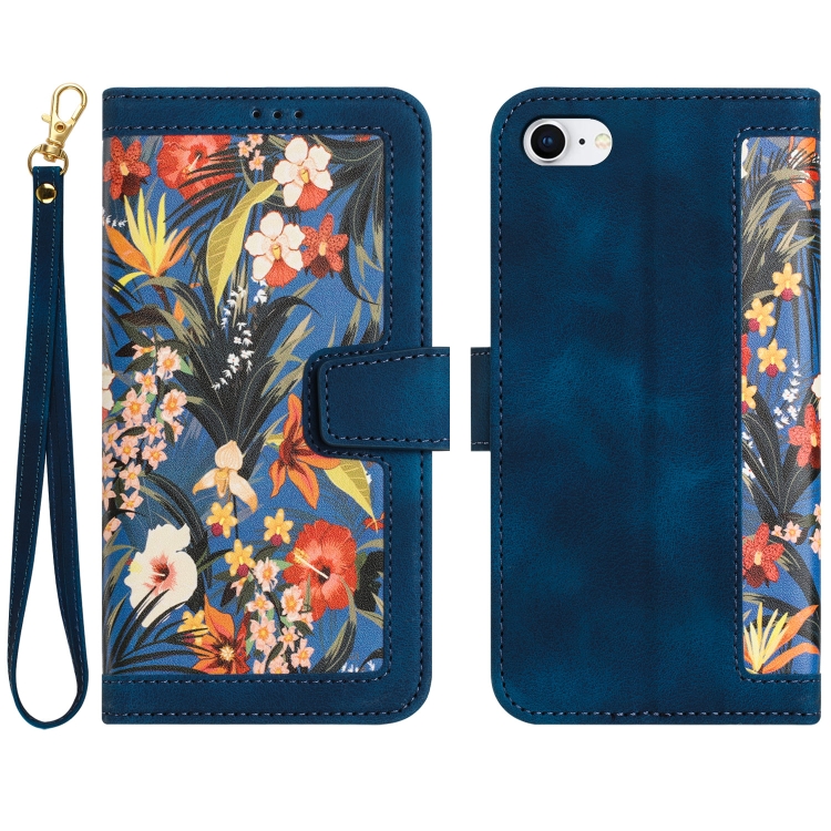 

For iPhone 16e Floral Pattern Leather Phone Case with Lanyard(Dark Blue)