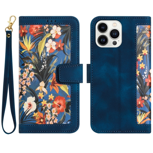 

For iPhone 15 Pro Floral Pattern Leather Phone Case with Lanyard(Dark Blue)