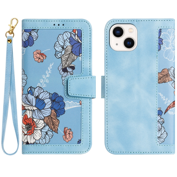 

For iPhone 15 Floral Pattern Leather Phone Case with Lanyard(Light Blue)