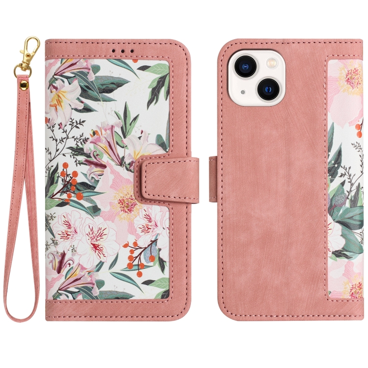 

For iPhone 15 Floral Pattern Leather Phone Case with Lanyard(Pink)