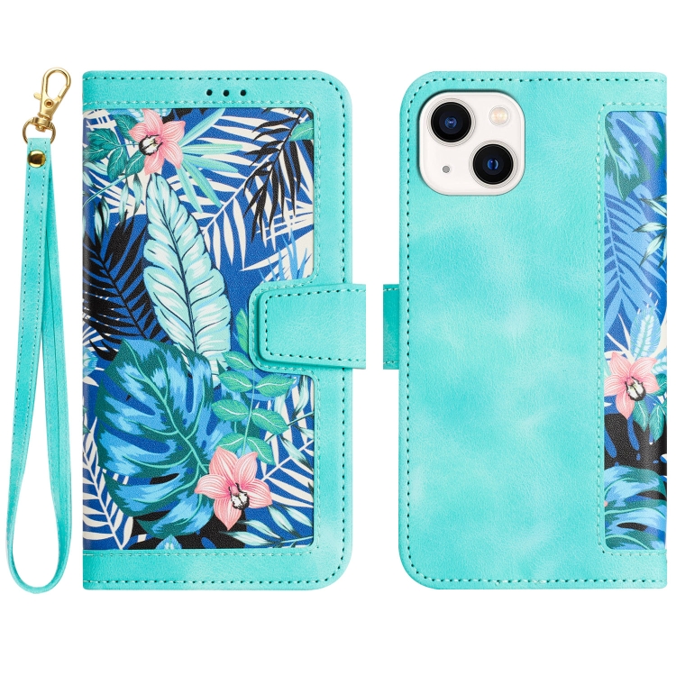 

For iPhone 14 Plus Floral Pattern Leather Phone Case with Lanyard(Green)