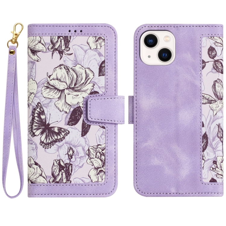 

For iPhone 14 Floral Pattern Leather Phone Case with Lanyard(Light Purple)
