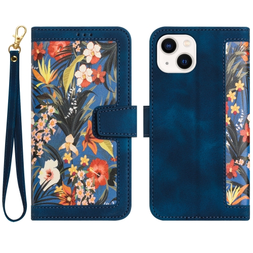 

For iPhone 14 Floral Pattern Leather Phone Case with Lanyard(Dark Blue)