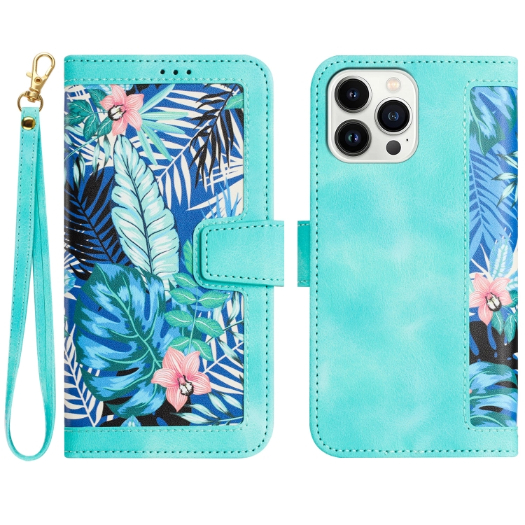 

For iPhone 14 Pro Floral Pattern Leather Phone Case with Lanyard(Green)
