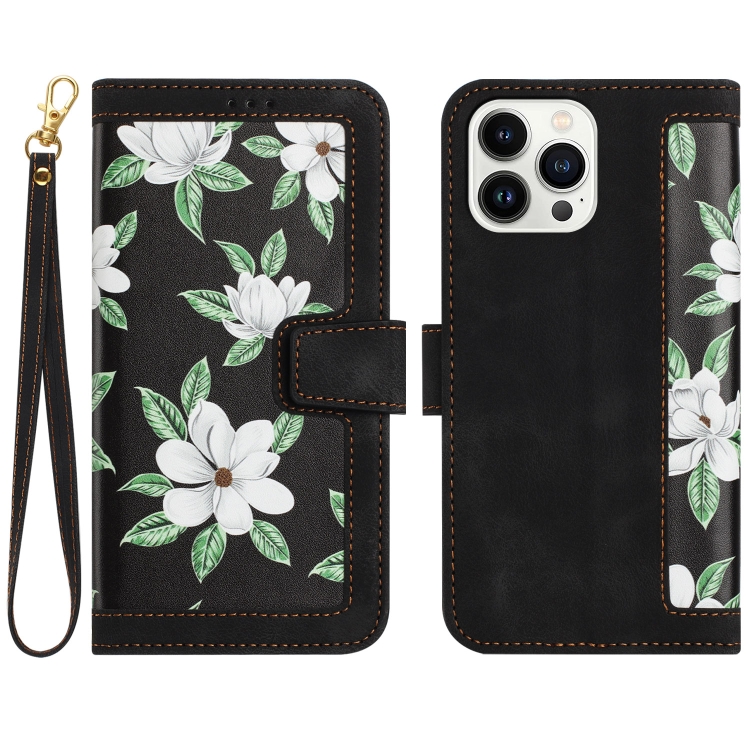 

For iPhone 14 Pro Floral Pattern Leather Phone Case with Lanyard(Black)