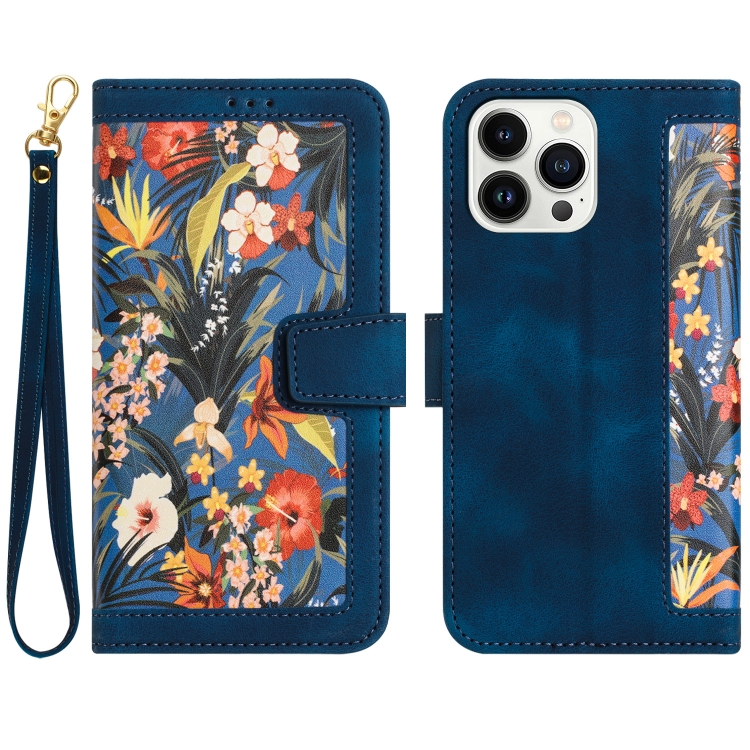 

For iPhone 14 Pro Floral Pattern Leather Phone Case with Lanyard(Dark Blue)