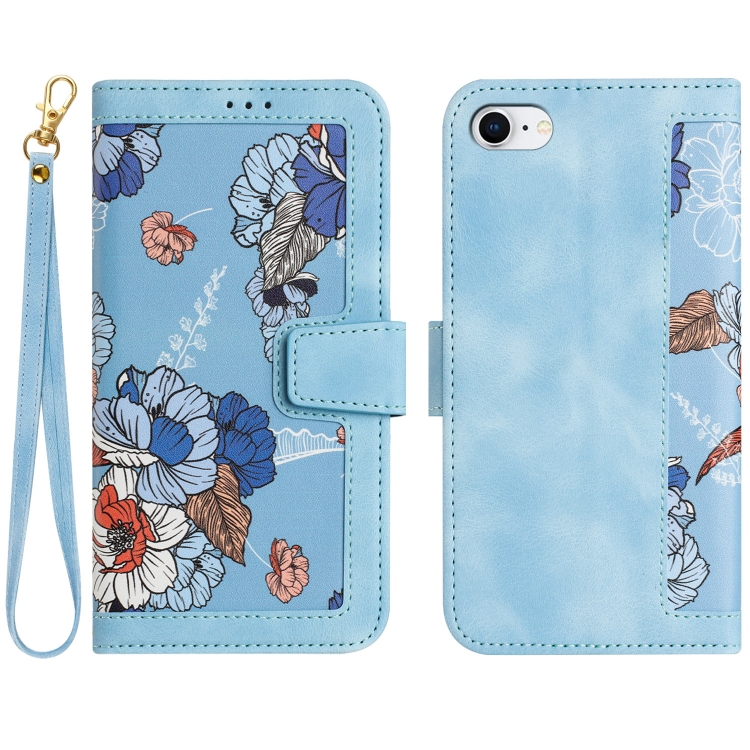 

For iPhone SE 2022 / 2020 Floral Pattern Leather Phone Case with Lanyard(Light Blue)