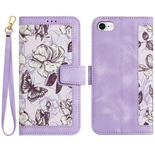 

For iPhone SE 2022 / 2020 Floral Pattern Leather Phone Case with Lanyard(Light Purple)