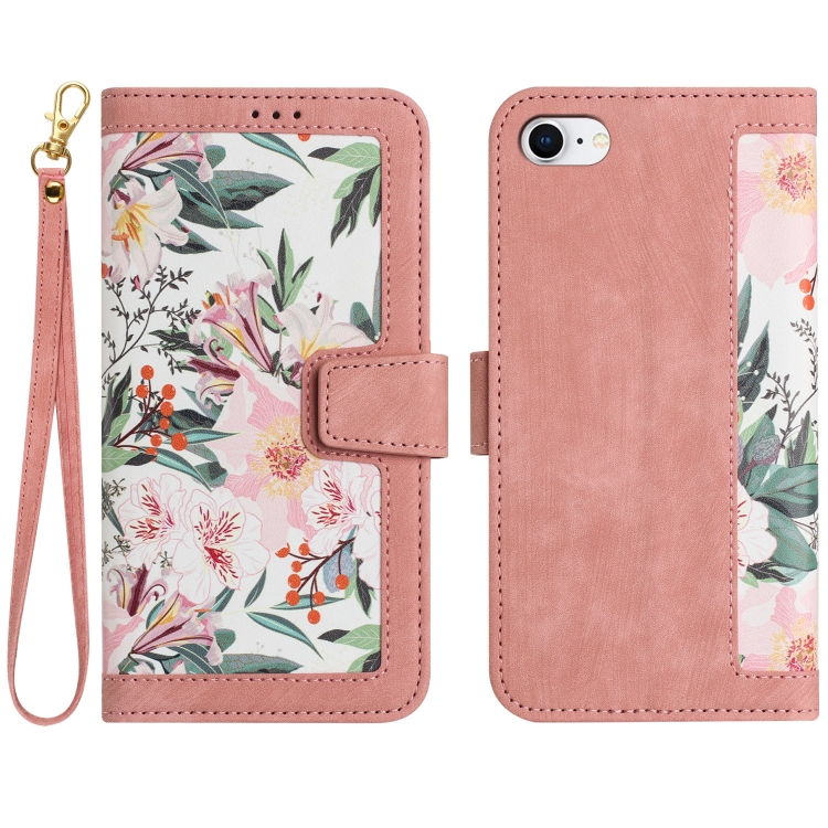 

For iPhone SE 2022 / 2020 Floral Pattern Leather Phone Case with Lanyard(Pink)