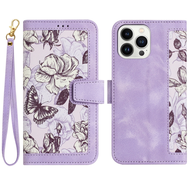 

For iPhone 13 Pro Max Floral Pattern Leather Phone Case with Lanyard(Light Purple)