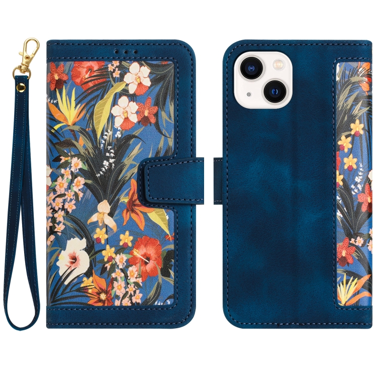 

For iPhone 13 Pro Floral Pattern Leather Phone Case with Lanyard(Dark Blue)