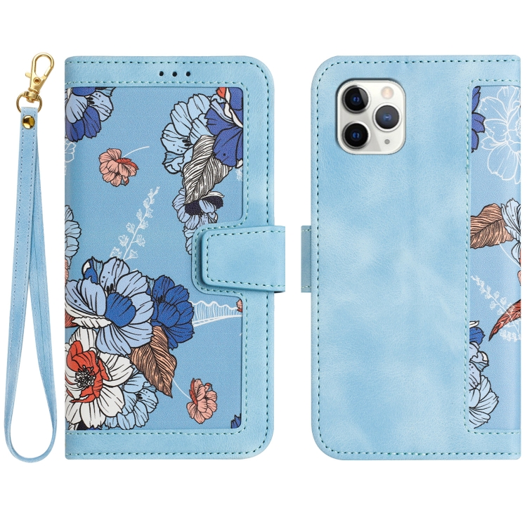 

For iPhone 12 / 12 Pro Floral Pattern Leather Phone Case with Lanyard(Light Blue)