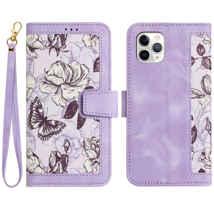 

For iPhone 12 / 12 Pro Floral Pattern Leather Phone Case with Lanyard(Light Purple)