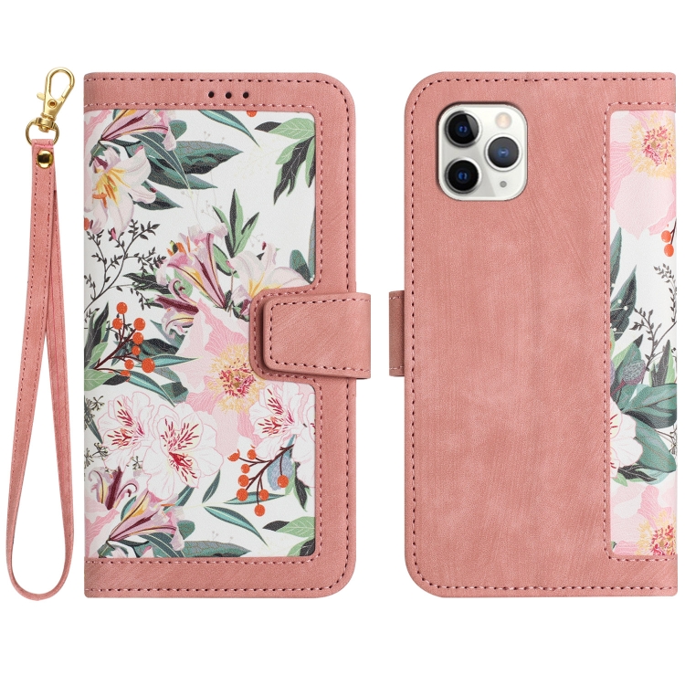 

For iPhone 12 / 12 Pro Floral Pattern Leather Phone Case with Lanyard(Pink)