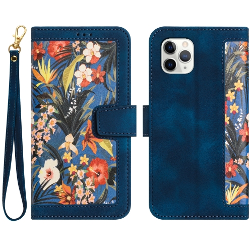 

For iPhone 12 / 12 Pro Floral Pattern Leather Phone Case with Lanyard(Dark Blue)