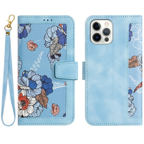 

For iPhone 12 Pro Max Floral Pattern Leather Phone Case with Lanyard(Light Blue)