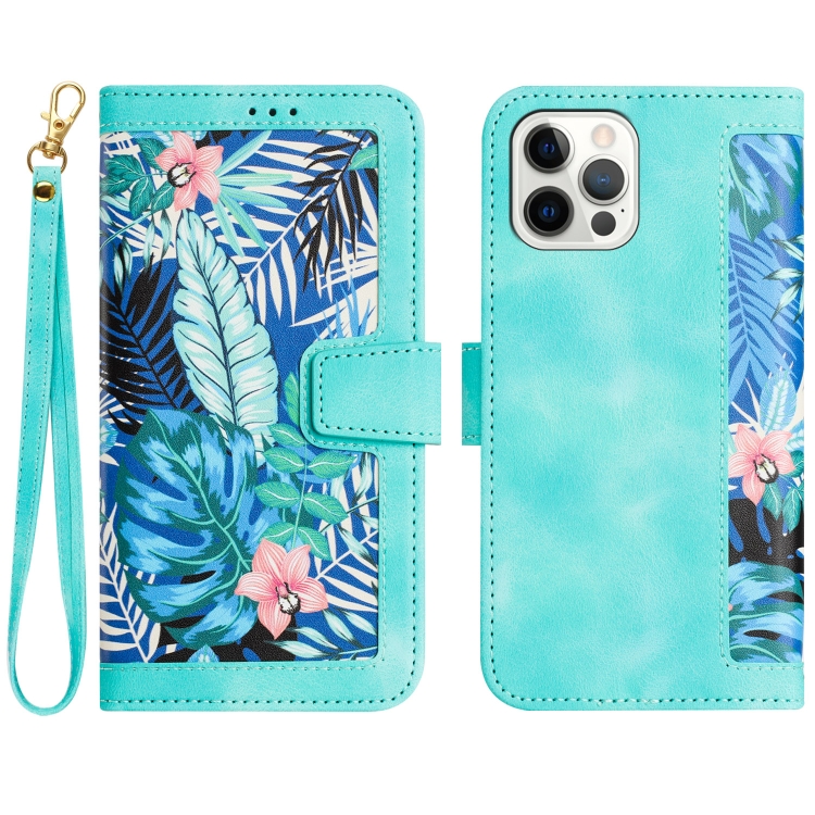

For iPhone 12 Pro Max Floral Pattern Leather Phone Case with Lanyard(Green)
