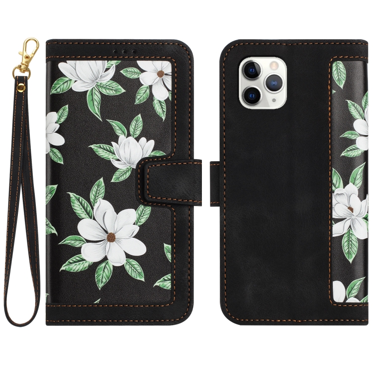 

For iPhone 11 Pro Max Floral Pattern Leather Phone Case with Lanyard(Black)