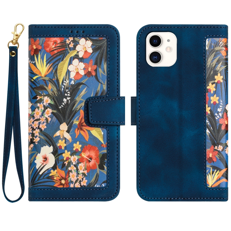 

For iPhone 11 Floral Pattern Leather Phone Case with Lanyard(Dark Blue)