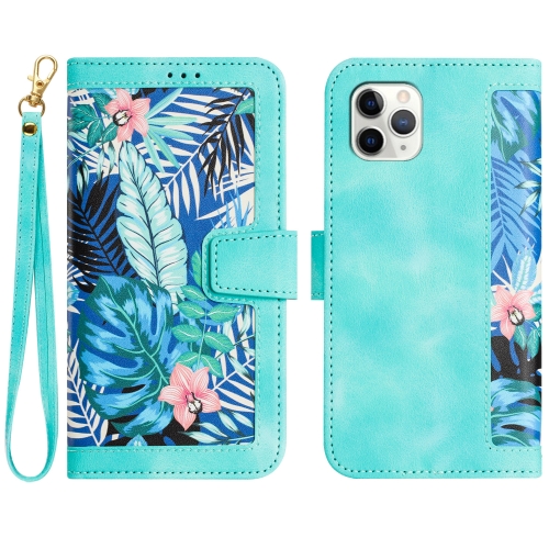 

For iPhone 11 Pro Floral Pattern Leather Phone Case with Lanyard(Green)
