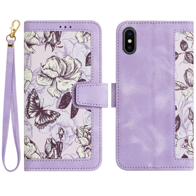 

For iPhone XS / X Floral Pattern Leather Phone Case with Lanyard(Light Purple)