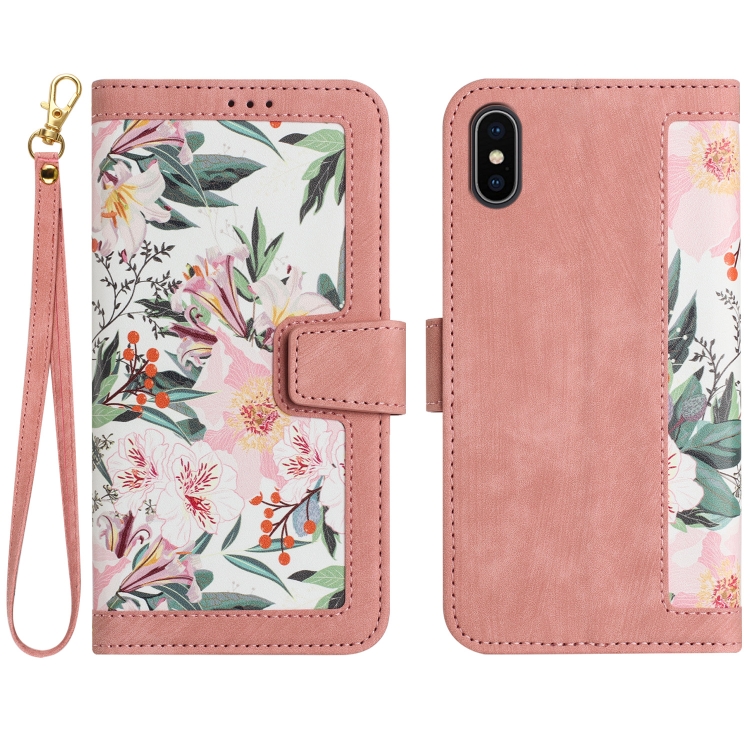 

For iPhone XS / X Floral Pattern Leather Phone Case with Lanyard(Pink)