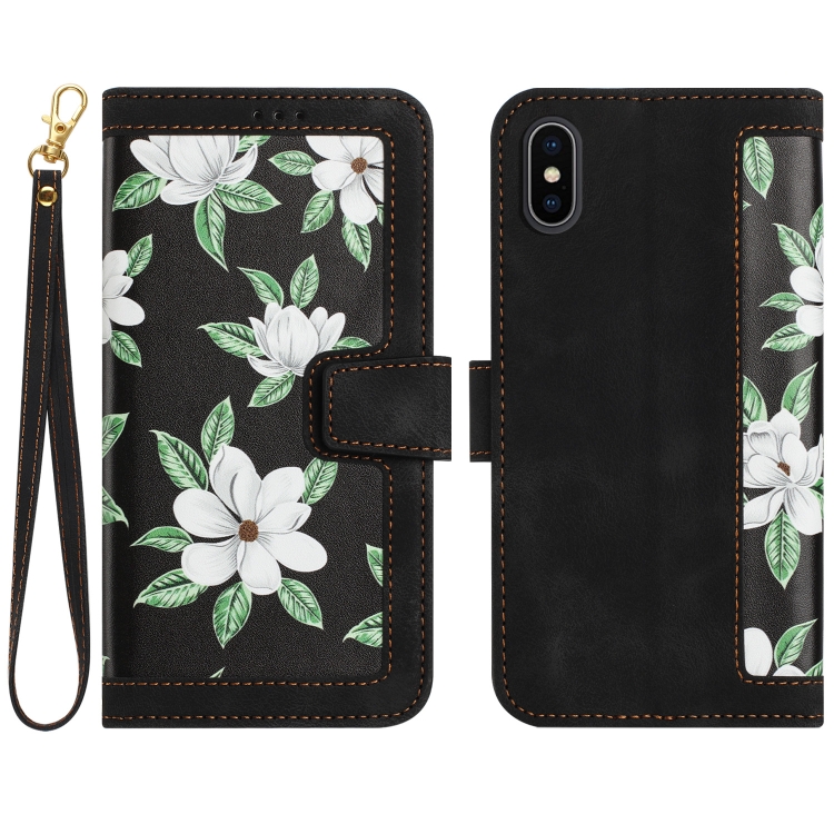 

For iPhone XS / X Floral Pattern Leather Phone Case with Lanyard(Black)