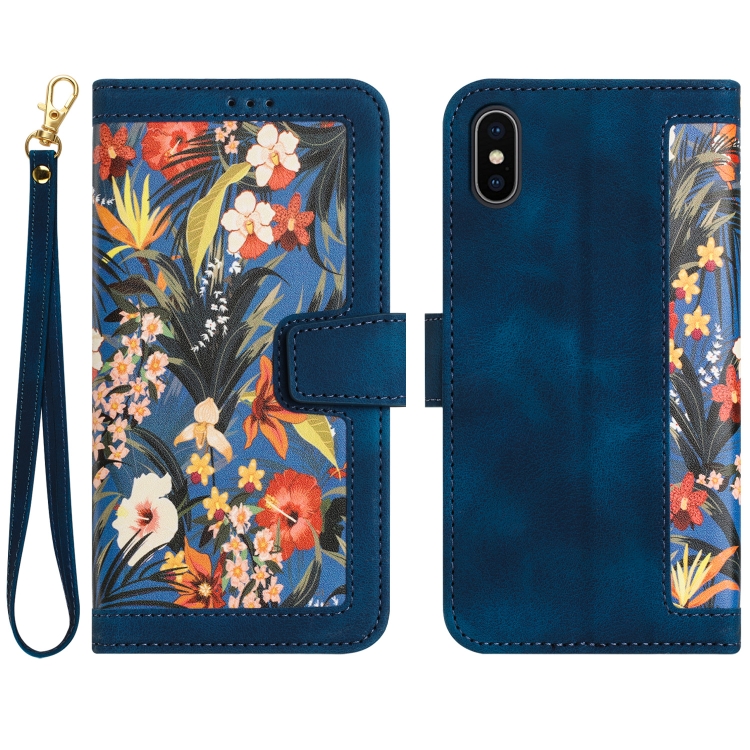 

For iPhone XS / X Floral Pattern Leather Phone Case with Lanyard(Dark Blue)