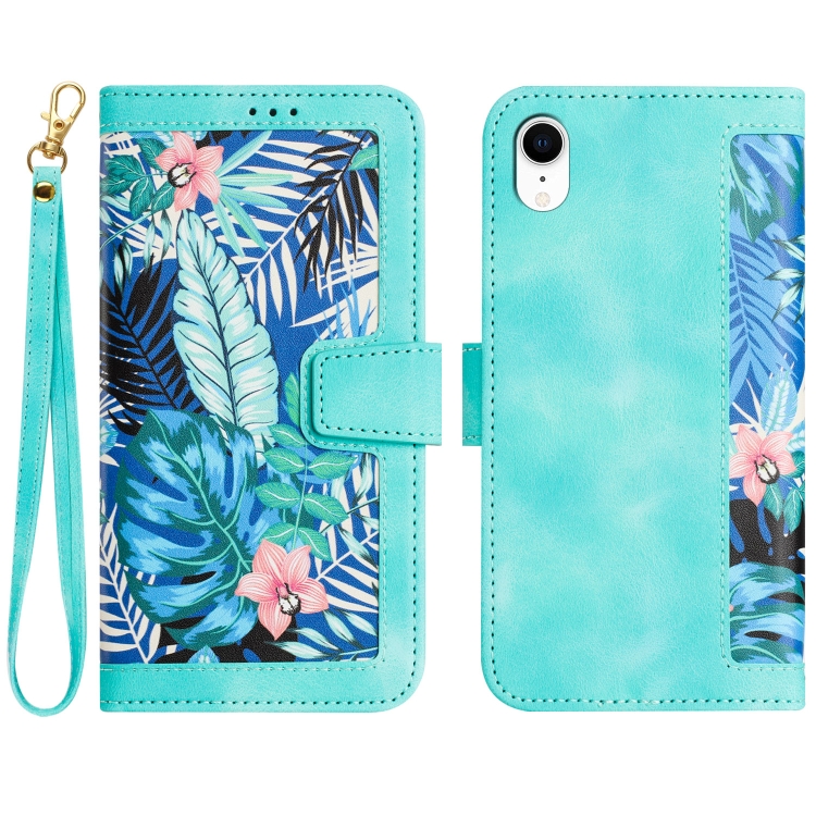 

For iPhone XR Floral Pattern Leather Phone Case with Lanyard(Green)