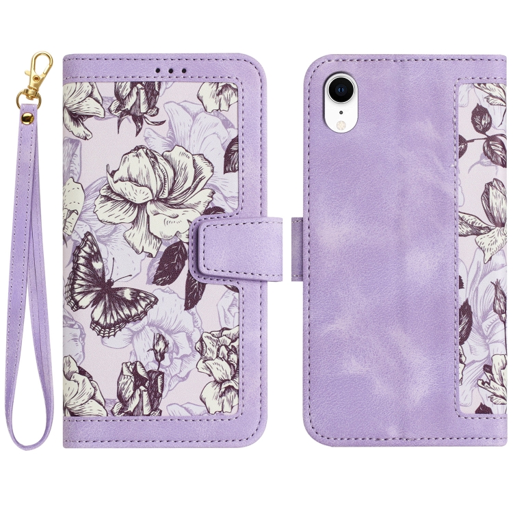 

For iPhone XR Floral Pattern Leather Phone Case with Lanyard(Light Purple)