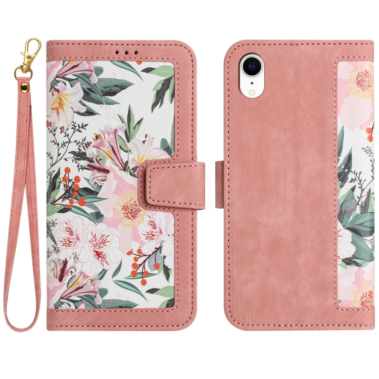 

For iPhone XR Floral Pattern Leather Phone Case with Lanyard(Pink)