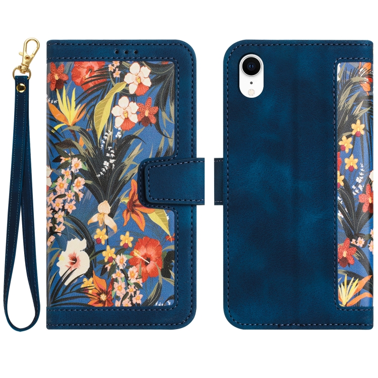 

For iPhone XR Floral Pattern Leather Phone Case with Lanyard(Dark Blue)