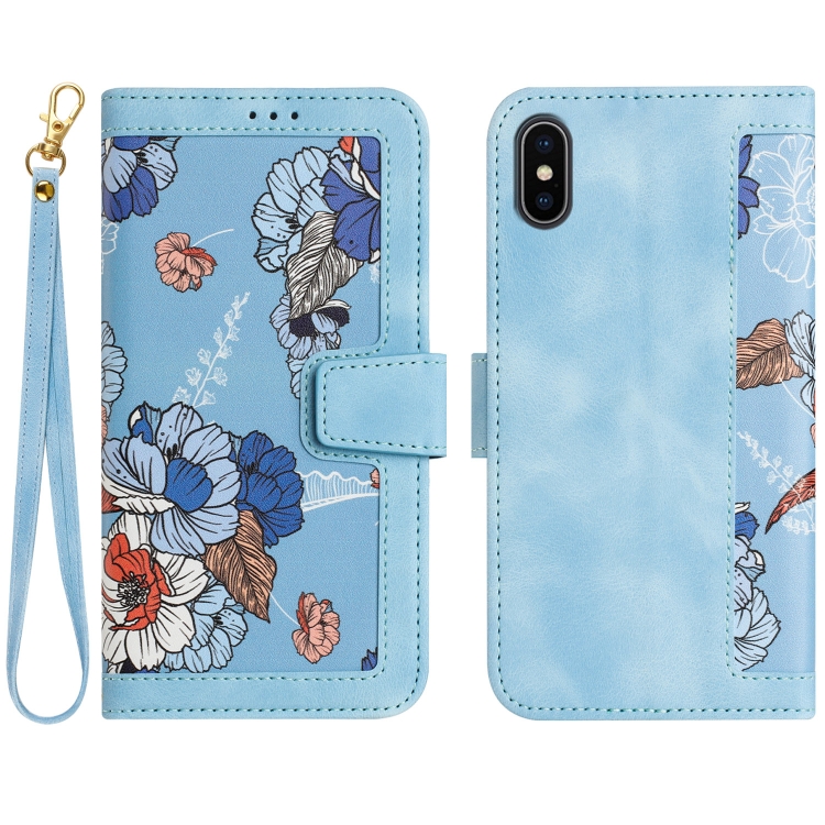 

For iPhone XS Max Floral Pattern Leather Phone Case with Lanyard(Light Blue)