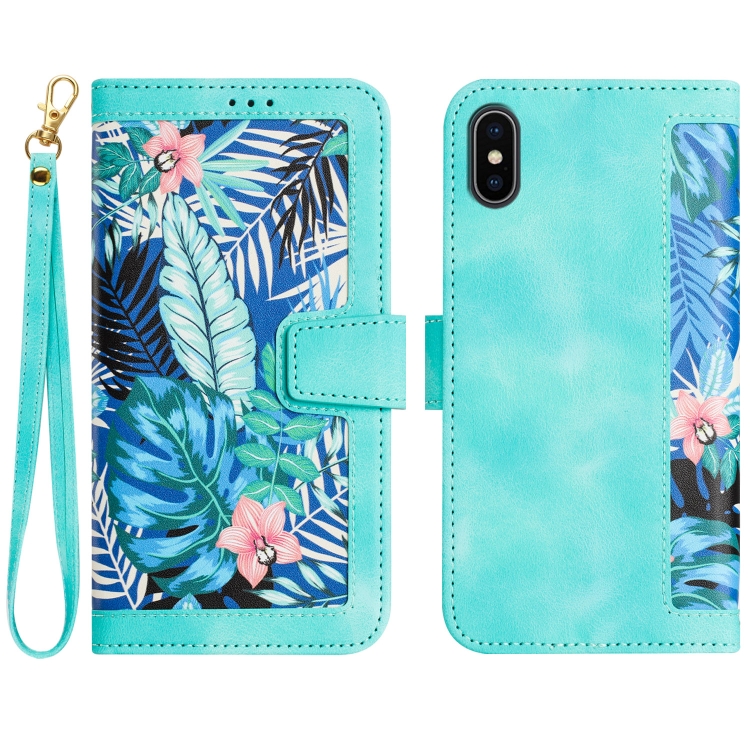 

For iPhone XS Max Floral Pattern Leather Phone Case with Lanyard(Green)