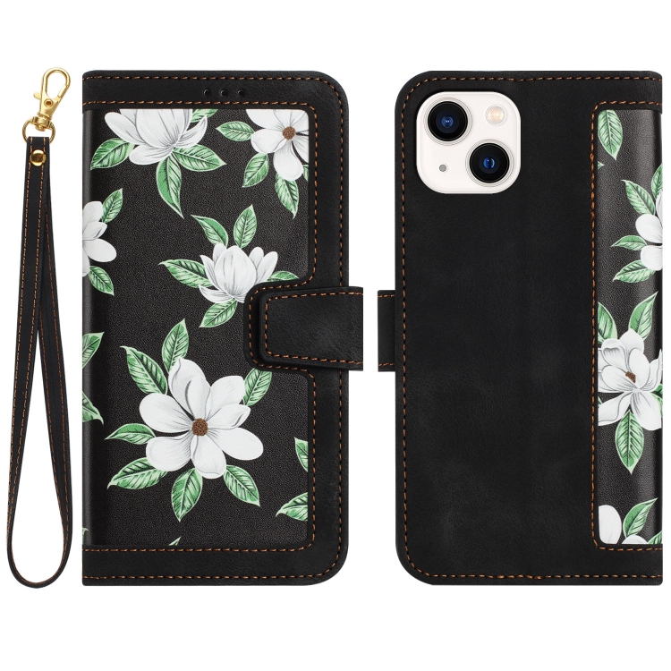 

For iPhone 13 Floral Pattern Leather Phone Case with Lanyard(Black)