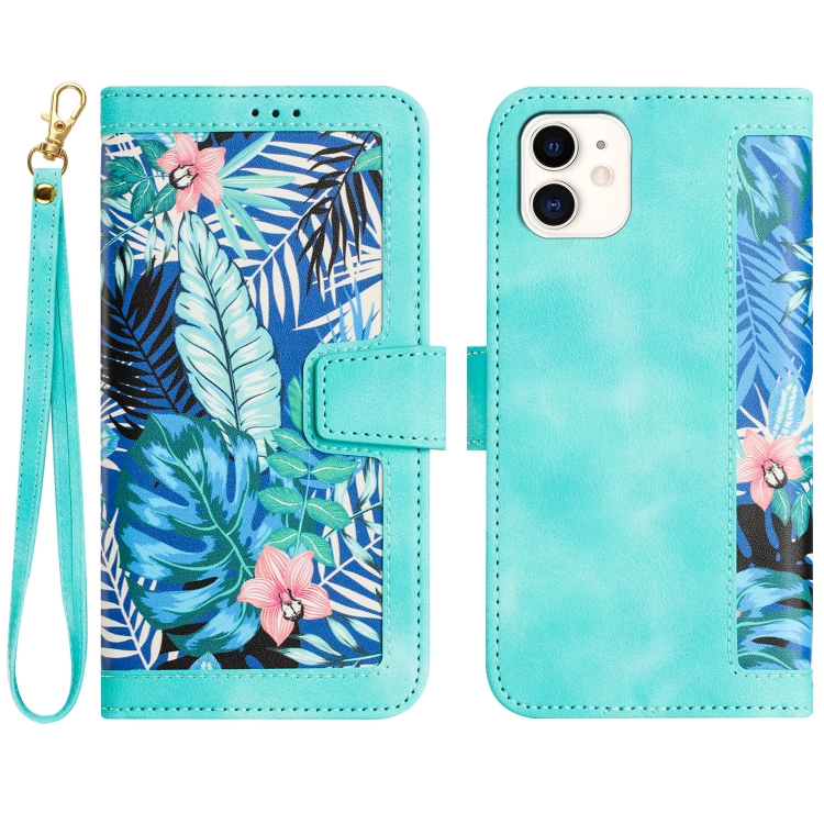 

For iPhone 12 mini Floral Pattern Leather Phone Case with Lanyard(Green)