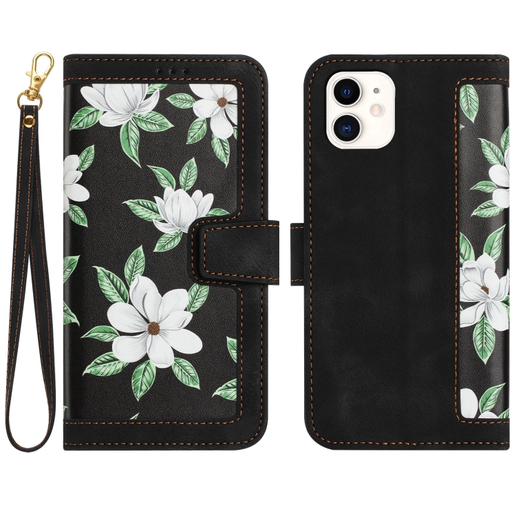 

For iPhone 12 mini Floral Pattern Leather Phone Case with Lanyard(Black)