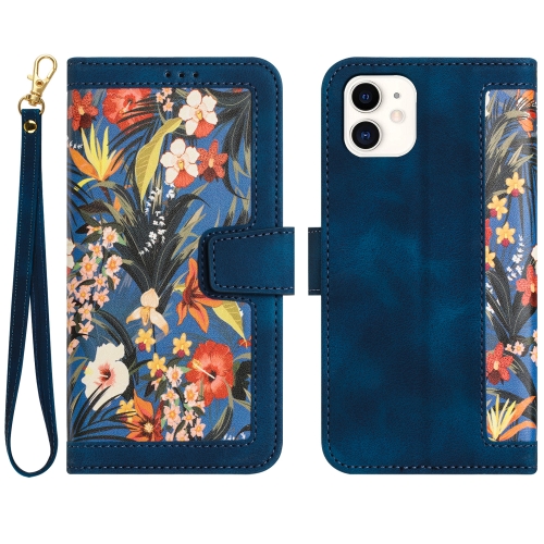 

For iPhone 12 mini Floral Pattern Leather Phone Case with Lanyard(Dark Blue)