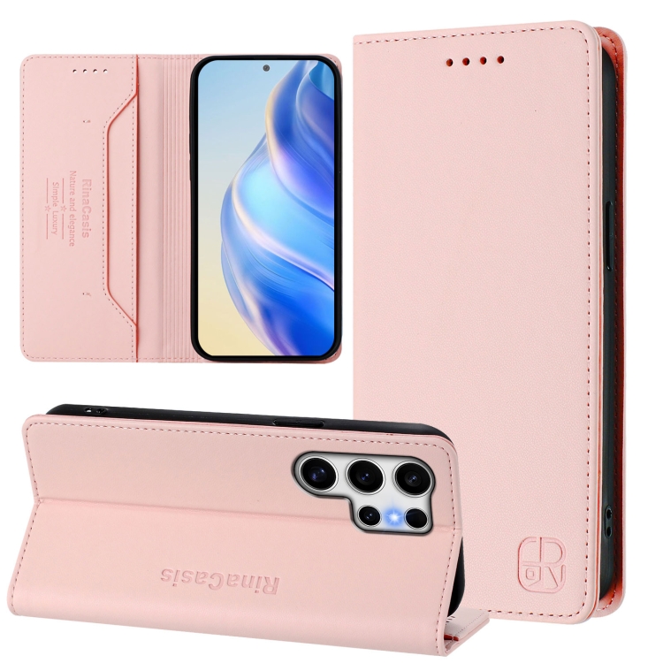 

For Samsung Galaxy S25 Ultra 5G RC01 Dual-Folded Magnetic Suction RFID Leather Phone Case(Pink)