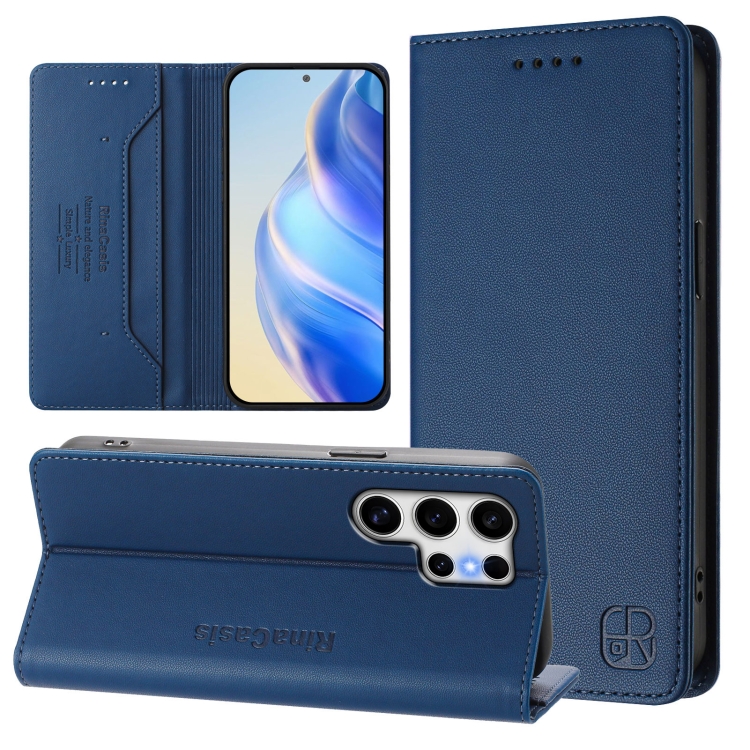 

For Samsung Galaxy S25 Ultra 5G RC01 Dual-Folded Magnetic Suction RFID Leather Phone Case(Dark Blue)