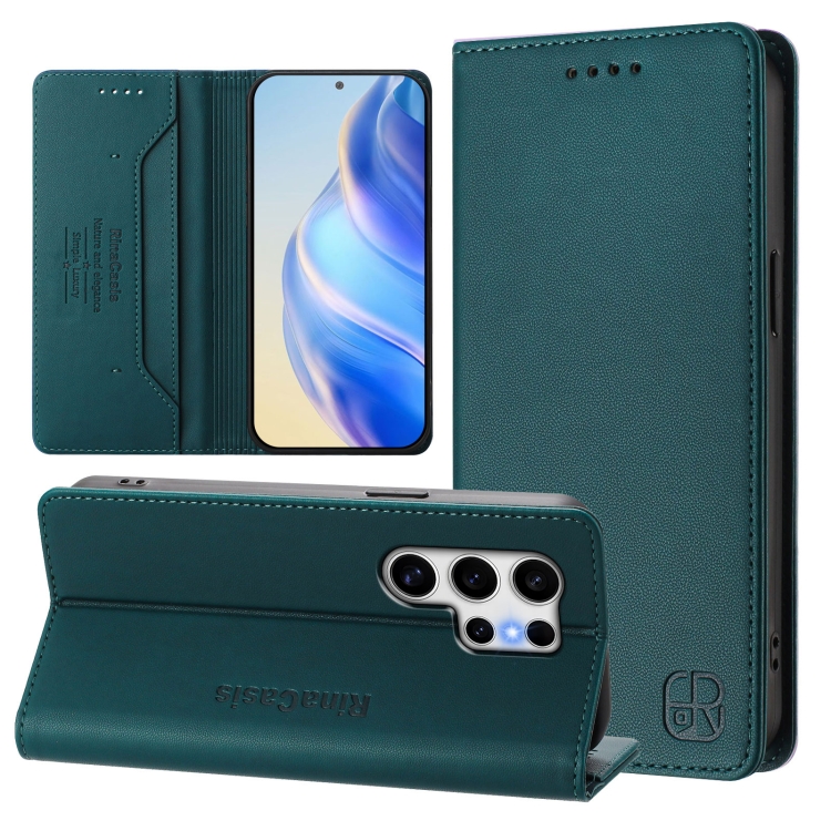 

For Samsung Galaxy S25 Ultra 5G RC01 Dual-Folded Magnetic Suction RFID Leather Phone Case(Dark Green)