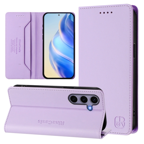 

For Samsung Galaxy S24 FE 5G RC01 Dual-Folded Magnetic Suction RFID Leather Phone Case(Light Purple)