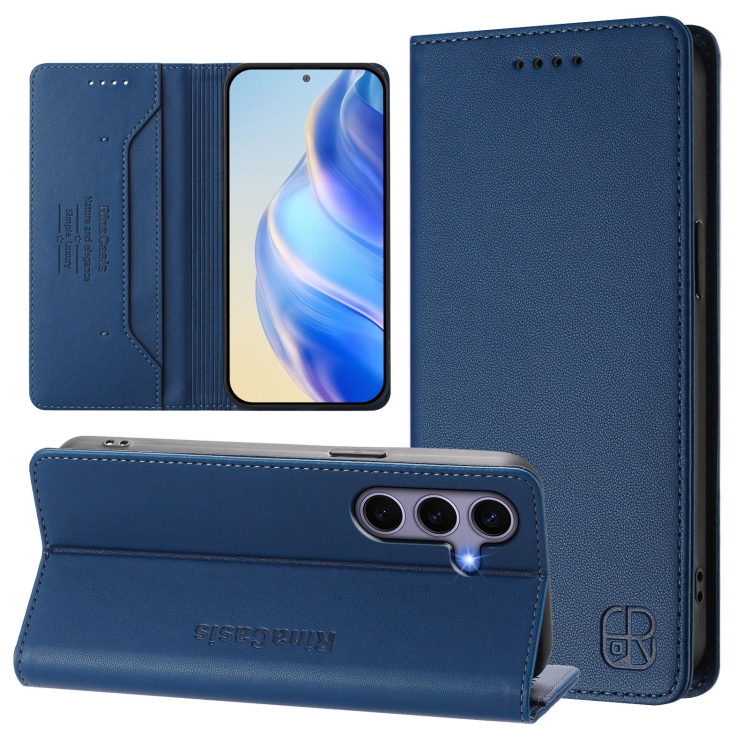 

For Samsung Galaxy S24 FE 5G RC01 Dual-Folded Magnetic Suction RFID Leather Phone Case(Dark Blue)
