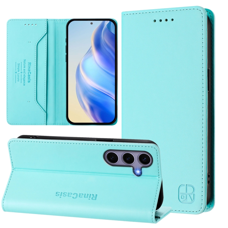 

For Samsung Galaxy S23 FE 5G RC01 Dual-Folded Magnetic Suction RFID Leather Phone Case(Mint Green)