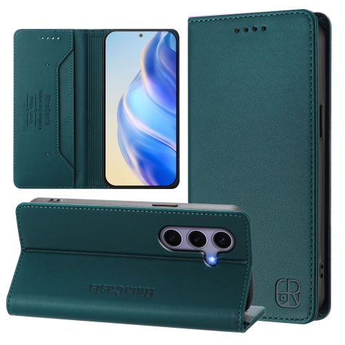 

For Samsung Galaxy S23 FE 5G RC01 Dual-Folded Magnetic Suction RFID Leather Phone Case(Dark Green)