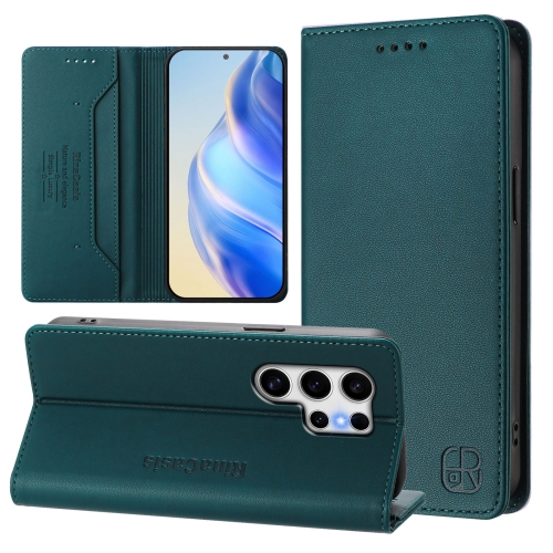 

For Samsung Galaxy S22 Ultra 5G RC01 Dual-Folded Magnetic Suction RFID Leather Phone Case(Dark Green)